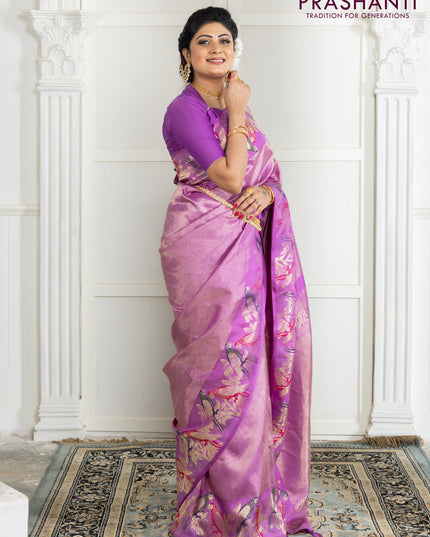 Pure kanchipuram silk saree lavender with allover zari woven brocade weaves and parrot design zari woven border