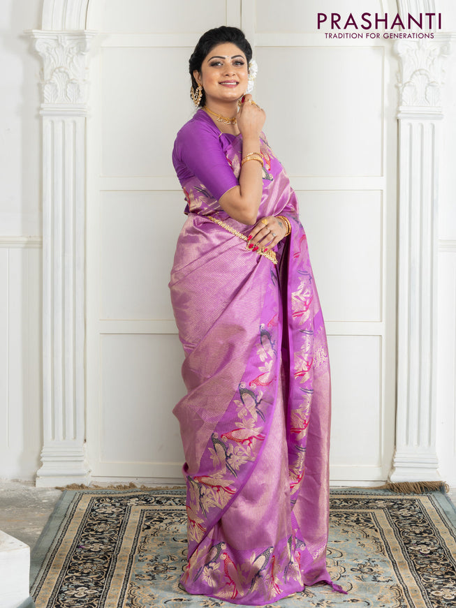 Pure kanchipuram silk saree lavender with allover zari woven brocade weaves and parrot design zari woven border