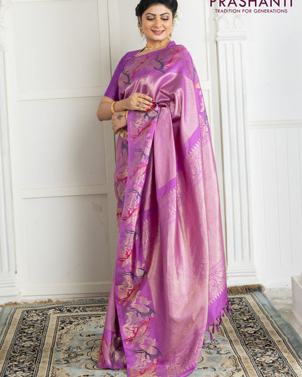 Pure kanchipuram silk saree lavender with allover zari woven brocade weaves and parrot design zari woven border