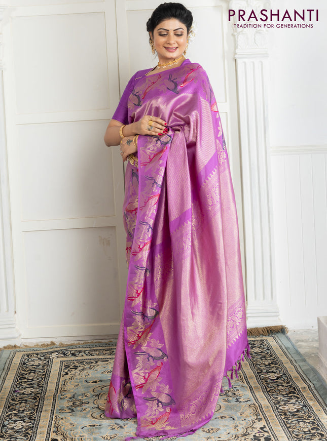 Pure kanchipuram silk saree lavender with allover zari woven brocade weaves and parrot design zari woven border