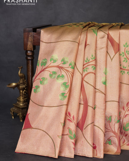 Pure kanchipuram tissue silk saree gold and pink with zari woven nature inspired motifs in borderless style