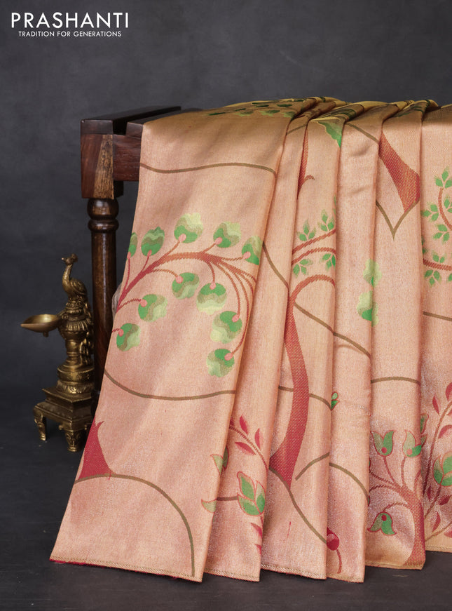 Pure kanchipuram tissue silk saree gold and pink with zari woven nature inspired motifs in borderless style