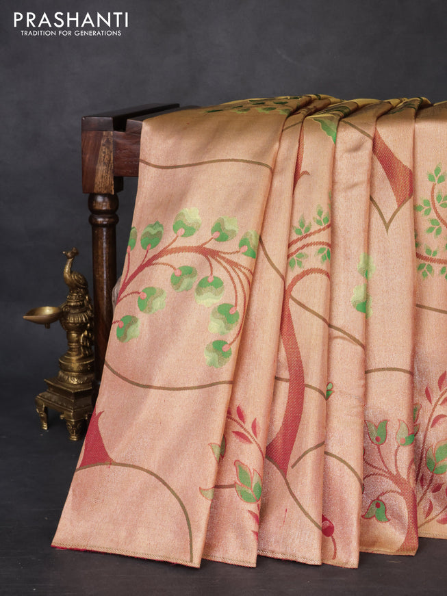 Pure kanchipuram tissue silk saree gold and pink with zari woven nature inspired motifs in borderless style
