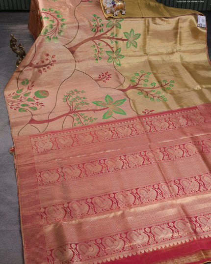 Pure kanchipuram tissue silk saree gold and pink with zari woven nature inspired motifs in borderless style