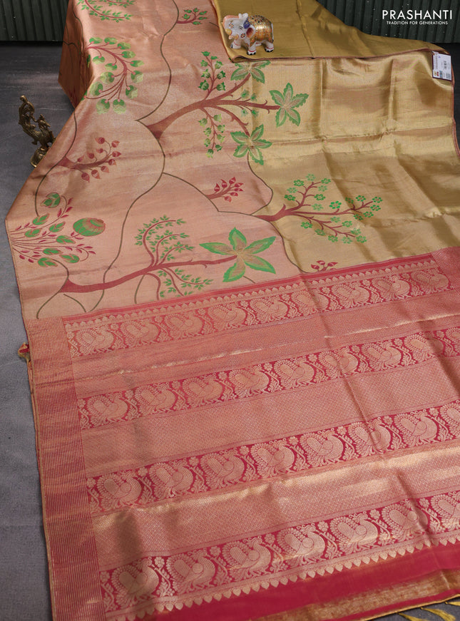 Pure kanchipuram tissue silk saree gold and pink with zari woven nature inspired motifs in borderless style