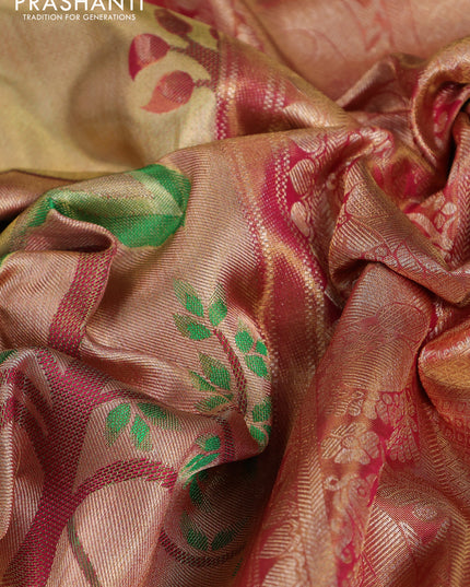 Pure kanchipuram tissue silk saree gold and pink with zari woven nature inspired motifs in borderless style