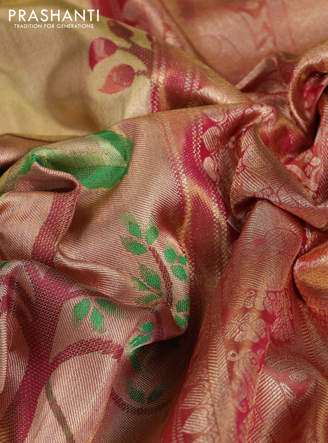 Pure kanchipuram tissue silk saree gold and pink with zari woven nature inspired motifs in borderless style