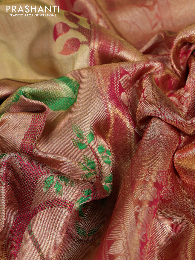 Pure kanchipuram tissue silk saree gold and pink with zari woven nature inspired motifs in borderless style