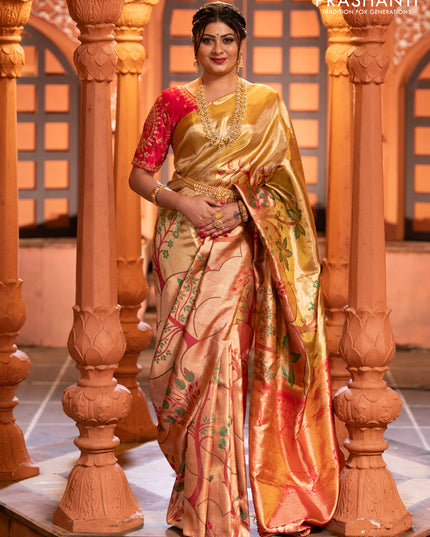 Pure kanchipuram tissue silk saree gold and pink with zari woven nature inspired motifs in borderless style
