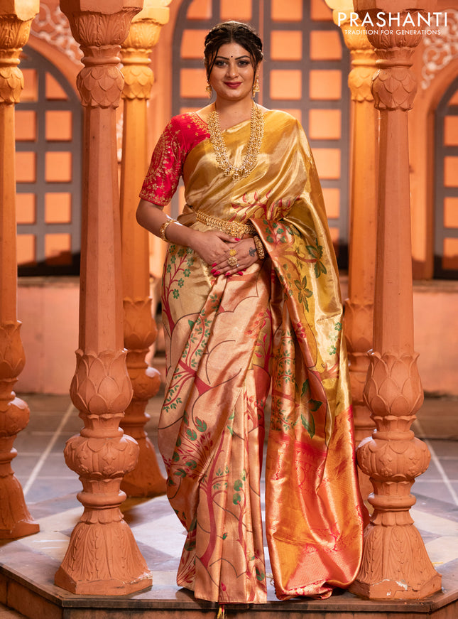 Pure kanchipuram tissue silk saree gold and pink with zari woven nature inspired motifs in borderless style