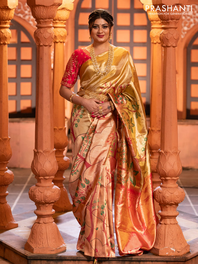 Pure kanchipuram tissue silk saree gold and pink with zari woven nature inspired motifs in borderless style