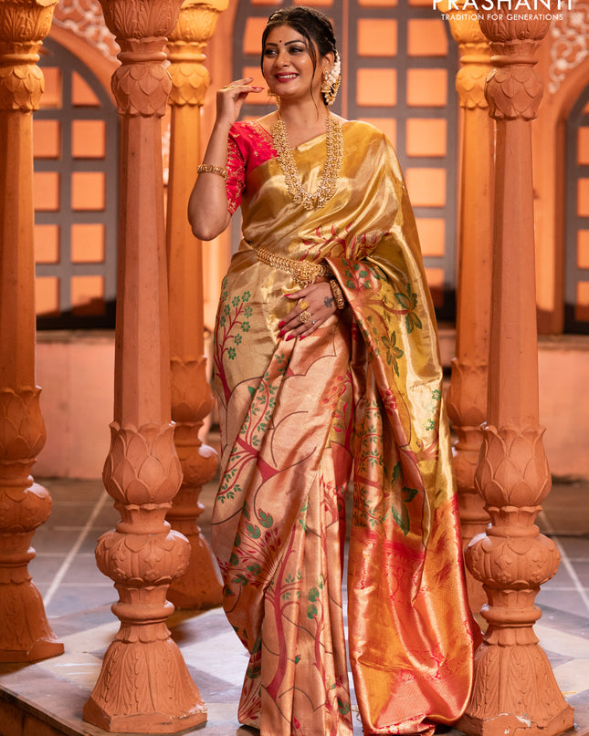 Pure kanchipuram tissue silk saree gold and pink with zari woven nature inspired motifs in borderless style
