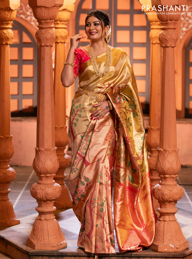 Pure kanchipuram tissue silk saree gold and pink with zari woven nature inspired motifs in borderless style