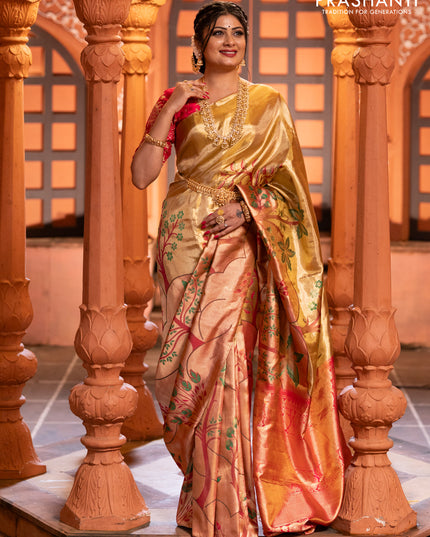 Pure kanchipuram tissue silk saree gold and pink with zari woven nature inspired motifs in borderless style