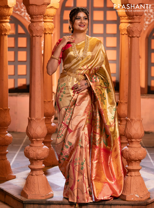 Pure kanchipuram tissue silk saree gold and pink with zari woven nature inspired motifs in borderless style