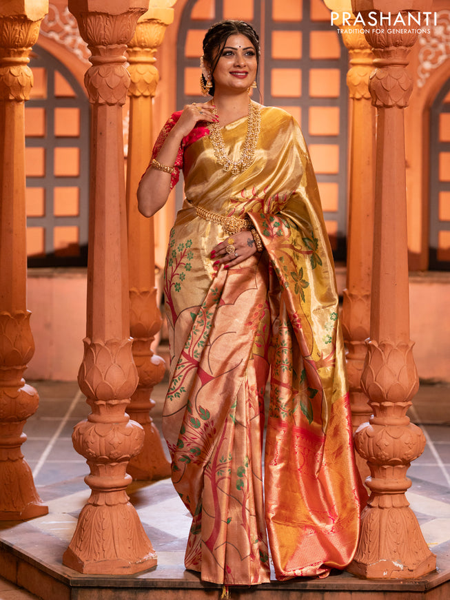 Pure kanchipuram tissue silk saree gold and pink with zari woven nature inspired motifs in borderless style