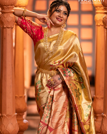 Pure kanchipuram tissue silk saree gold and pink with zari woven nature inspired motifs in borderless style