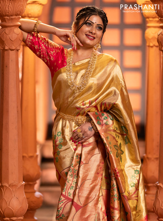 Pure kanchipuram tissue silk saree gold and pink with zari woven nature inspired motifs in borderless style