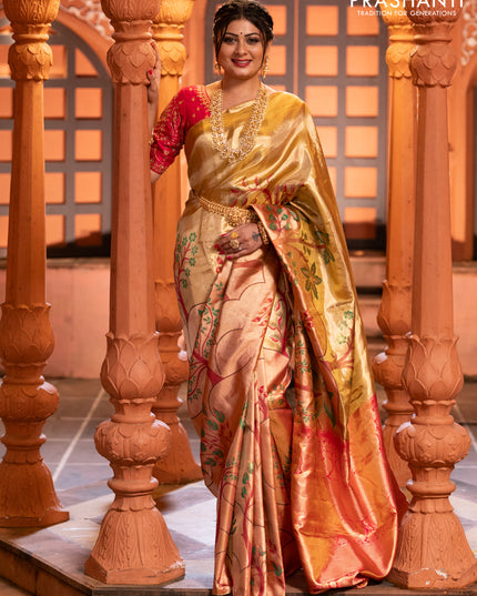 Pure kanchipuram tissue silk saree gold and pink with zari woven nature inspired motifs in borderless style