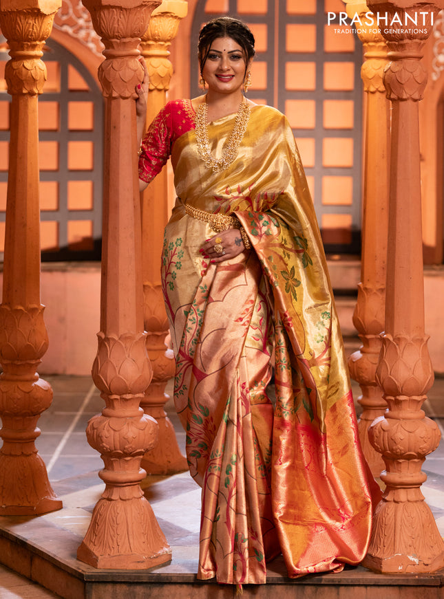 Pure kanchipuram tissue silk saree gold and pink with zari woven nature inspired motifs in borderless style
