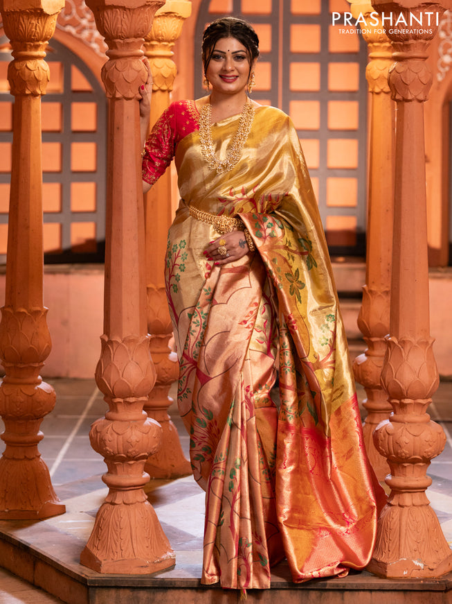Pure kanchipuram tissue silk saree gold and pink with zari woven nature inspired motifs in borderless style