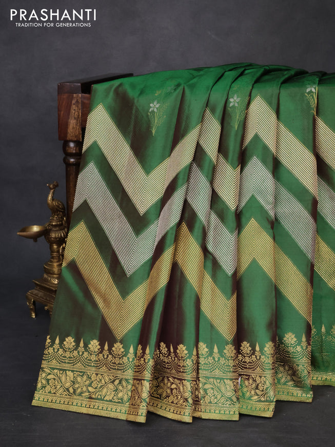 Pure kanchipuram silk saree dual shade of green with floral motifs and long rich zari wover korvai border