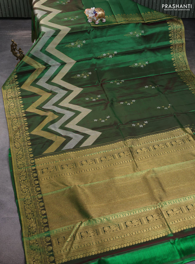 Pure kanchipuram silk saree dual shade of green with floral motifs and long rich zari wover korvai border
