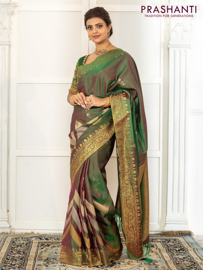 Pure kanchipuram silk saree dual shade of green with floral motifs and long rich zari wover korvai border