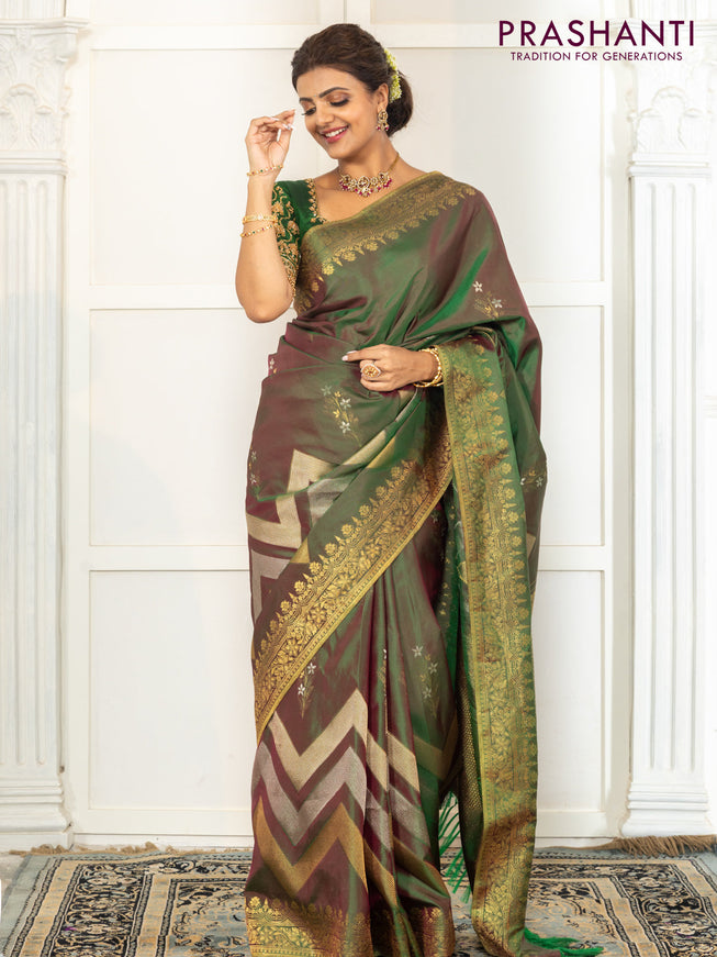 Pure kanchipuram silk saree dual shade of green with floral motifs and long rich zari wover korvai border