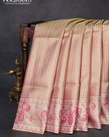 Pure kanchipuram tissue silk saree gold and pink with allover zari woven brocade weaves and zari woven paithani style border
