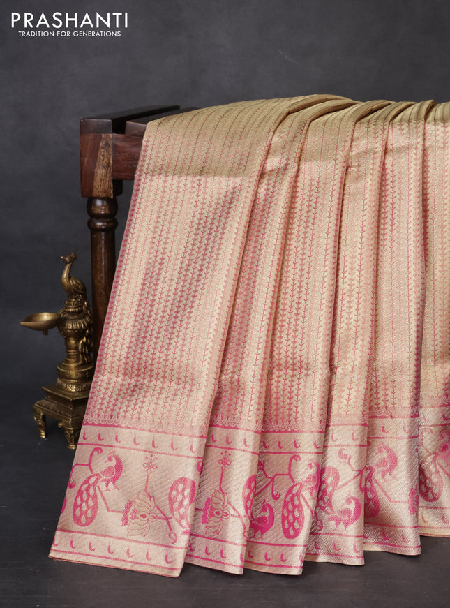 Pure kanchipuram tissue silk saree gold and pink with allover zari woven brocade weaves and zari woven paithani style border