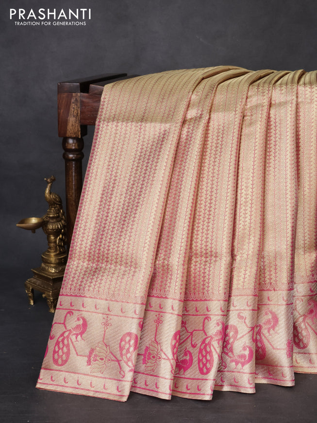 Pure kanchipuram tissue silk saree gold and pink with allover zari woven brocade weaves and zari woven paithani style border