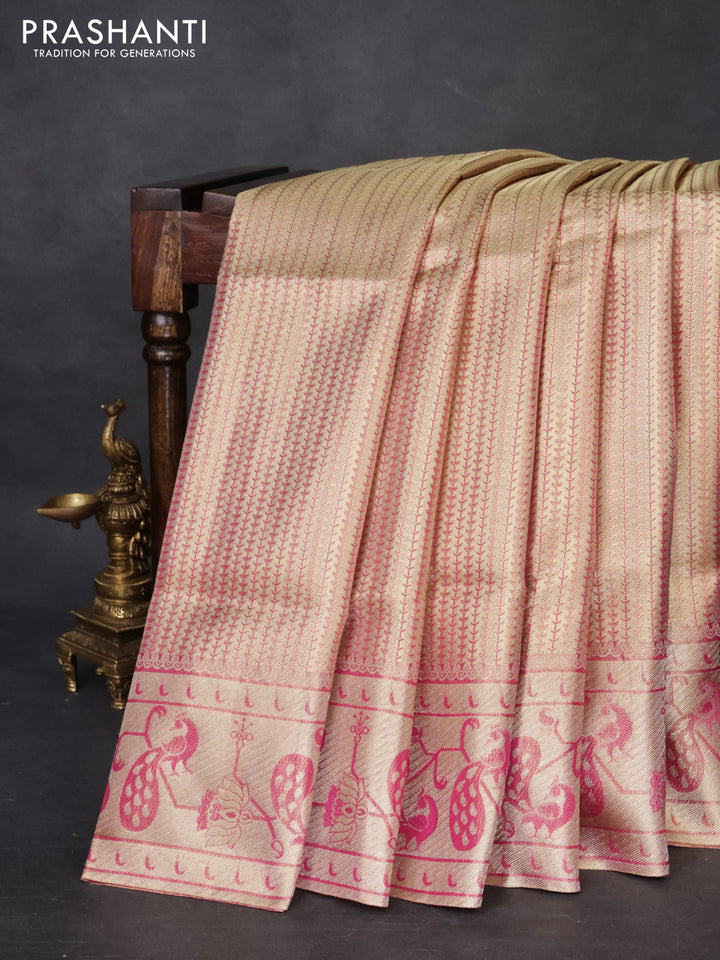 Pure kanchipuram tissue silk saree gold and pink with allover zari woven brocade weaves and zari woven paithani style border