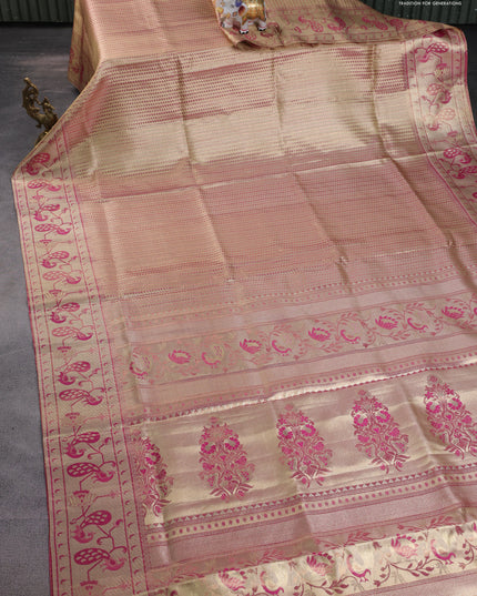Pure kanchipuram tissue silk saree gold and pink with allover zari woven brocade weaves and zari woven paithani style border