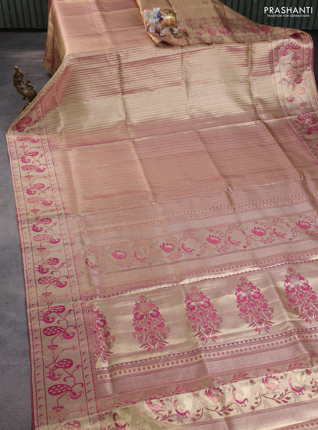 Pure kanchipuram tissue silk saree gold and pink with allover zari woven brocade weaves and zari woven paithani style border