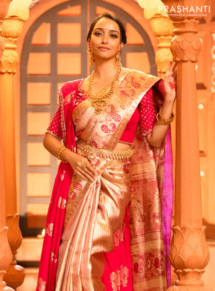 Pure kanchipuram tissue silk saree gold and pink with allover zari woven brocade weaves and zari woven paithani style border