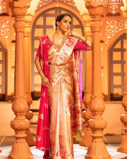 Pure kanchipuram tissue silk saree gold and pink with allover zari woven brocade weaves and zari woven paithani style border