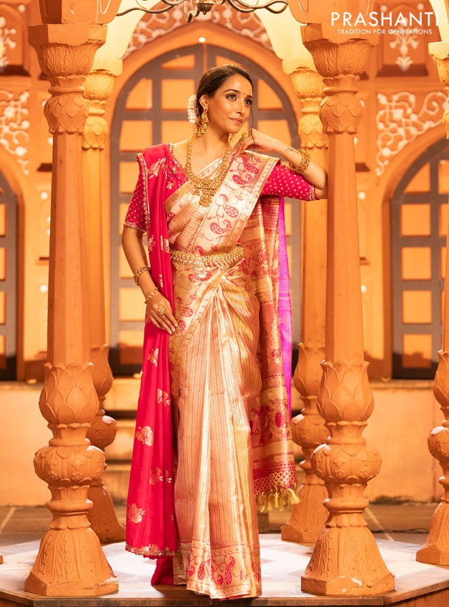 Pure kanchipuram tissue silk saree gold and pink with allover zari woven brocade weaves and zari woven paithani style border