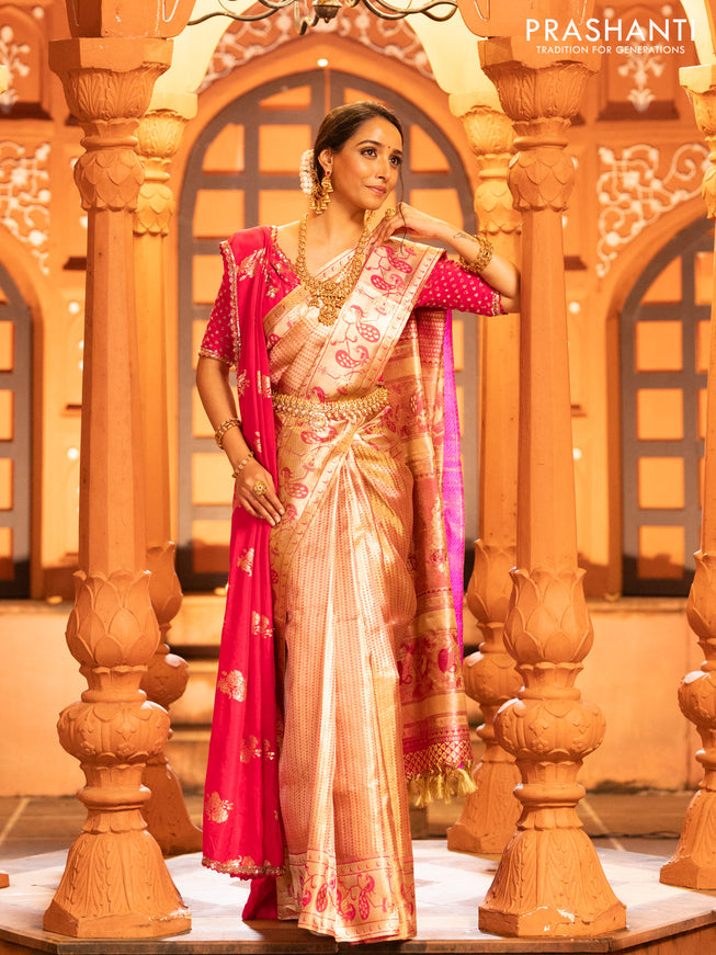 Pure kanchipuram tissue silk saree gold and pink with allover zari woven brocade weaves and zari woven paithani style border