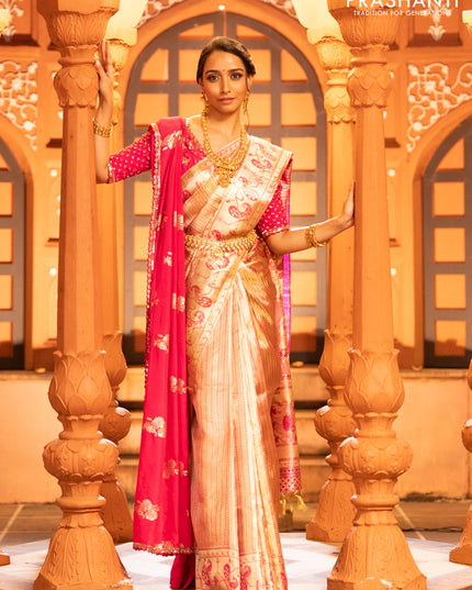Pure kanchipuram tissue silk saree gold and pink with allover zari woven brocade weaves and zari woven paithani style border