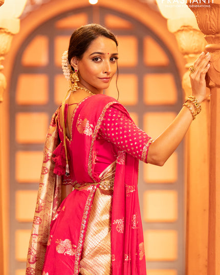 Pure kanchipuram tissue silk saree gold and pink with allover zari woven brocade weaves and zari woven paithani style border