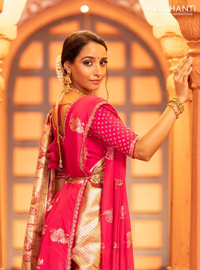 Pure kanchipuram tissue silk saree gold and pink with allover zari woven brocade weaves and zari woven paithani style border