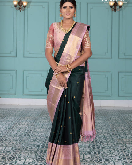 Pure kanchipuram silk saree bottle green and pastel pink with zari woven buttas and long rich zari wover korvai border