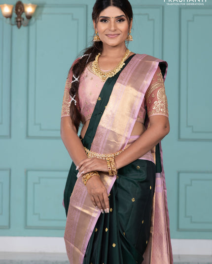 Pure kanchipuram silk saree bottle green and pastel pink with zari woven buttas and long rich zari wover korvai border