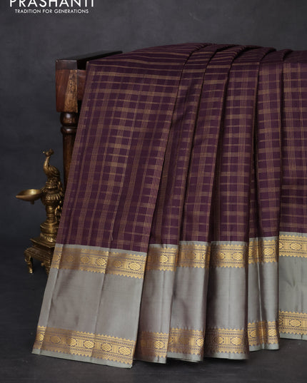 Pure kanchipuram silk saree wine shade and greyish green with allover zari checked pattern and rettapet zari woven border