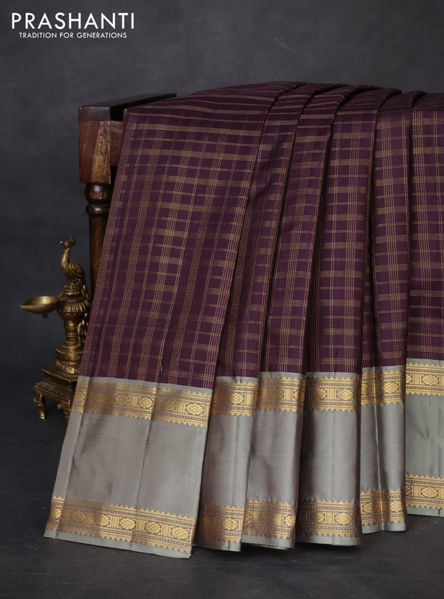 Pure kanchipuram silk saree wine shade and greyish green with allover zari checked pattern and rettapet zari woven border