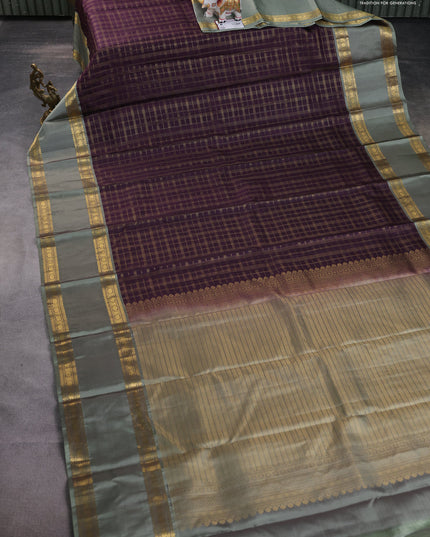 Pure kanchipuram silk saree wine shade and greyish green with allover zari checked pattern and rettapet zari woven border