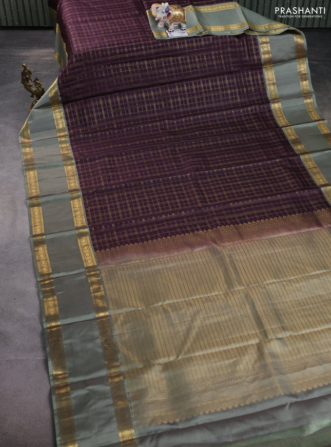 Pure kanchipuram silk saree wine shade and greyish green with allover zari checked pattern and rettapet zari woven border