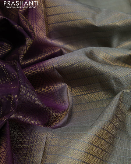 Pure kanchipuram silk saree wine shade and greyish green with allover zari checked pattern and rettapet zari woven border