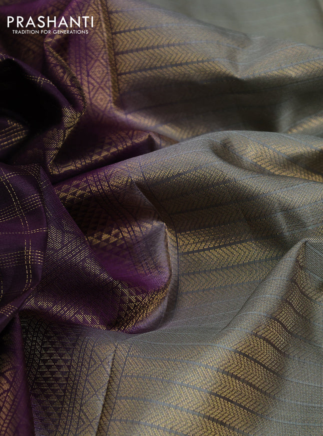Pure kanchipuram silk saree wine shade and greyish green with allover zari checked pattern and rettapet zari woven border